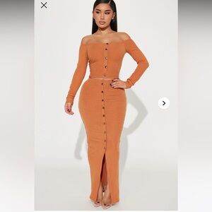 Orange Button-Down ribbed Maxi Skirt set